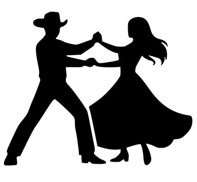 Black silhouette of two dancers holding hands, cowboy hat and flowing dress, symbolizing country dance, rhythm, motion, and connection in a stylized vector design.
