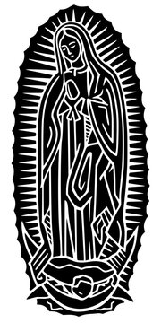 Stylized black silhouette of the Virgin of Guadalupe with radiant oval frame, bowed head, and prayer pose, symbolic vector design of faith, devotion, and tradition.