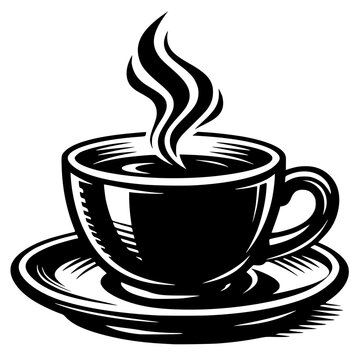 Stylized black silhouette of a steaming cup on saucer, bold vector design symbolizing warmth, comfort, relaxation, and classic beverage culture in modern art style.