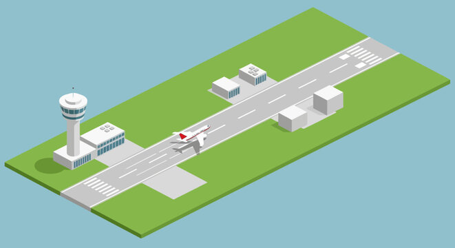 Isometric illustration of an airport runway with airplanes and control tower.