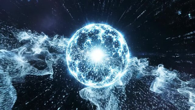 Glowing digital data sphere exploding with binary code streams and energy pulses in cyberspace.