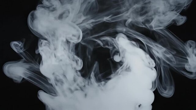 Abstract white cloud of smoke against black background macro shot
