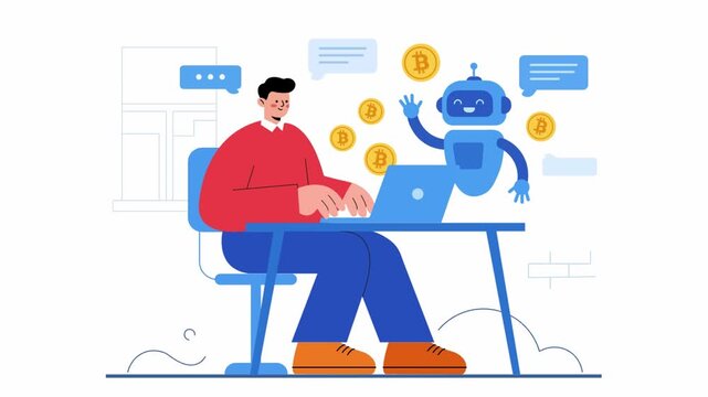 Human futuric robot exchanging cryptocurrency coins in digital workspace.