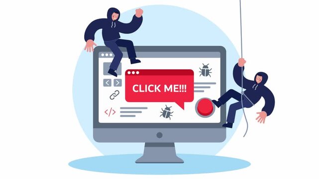 Masked hackers fishing rods to lure malicious pop-up scam on security warning screen illustration.