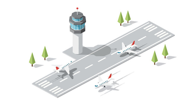 Isometric illustration of airport with control tower and planes.