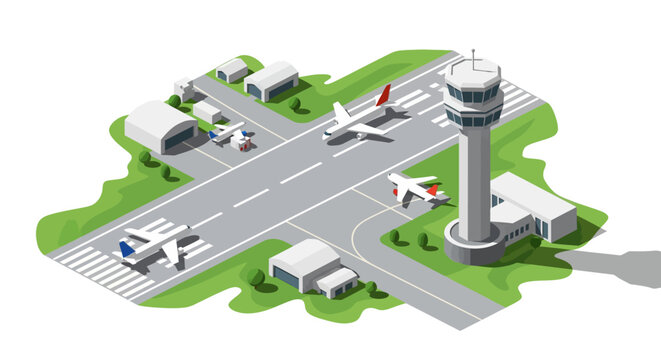 Isometric illustration of a busy airport with planes and vehicles.