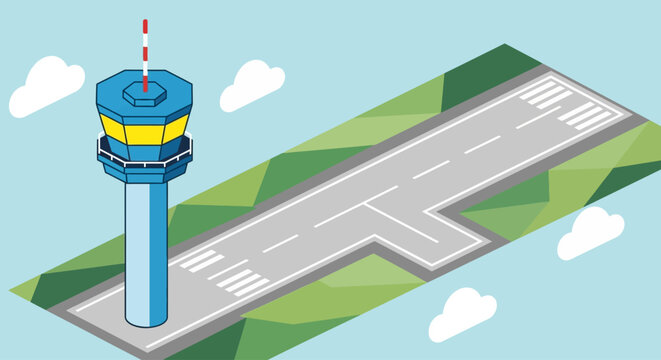 Colorful isometric illustration of airport control tower and runway.