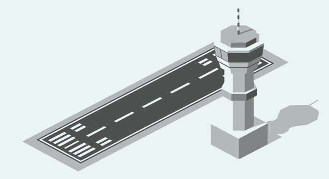 Isometric view of airport control tower and runway.