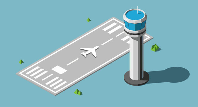 Isometric illustration of airport runway and control tower with plane.