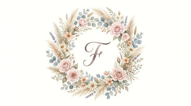 Watercolor floral wreath frame with letter f monogram typography