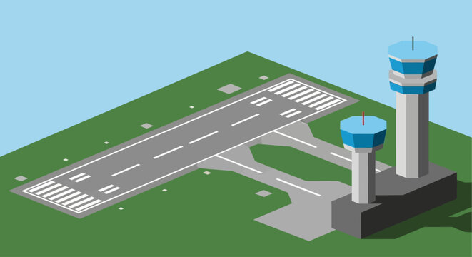 Isometric illustration of airport runway and control tower.