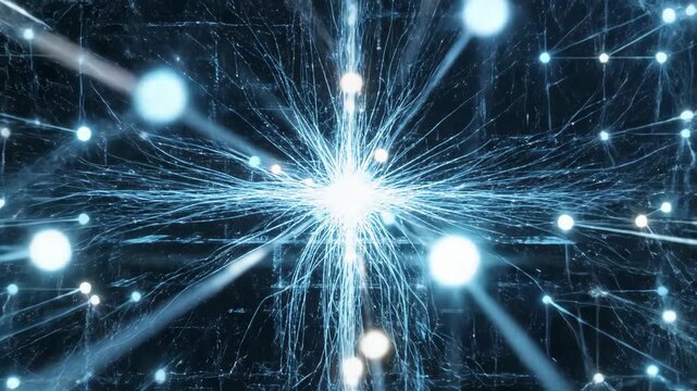 Glowing digital neural network grid transmitting data with bright light pulses in cyberspace.