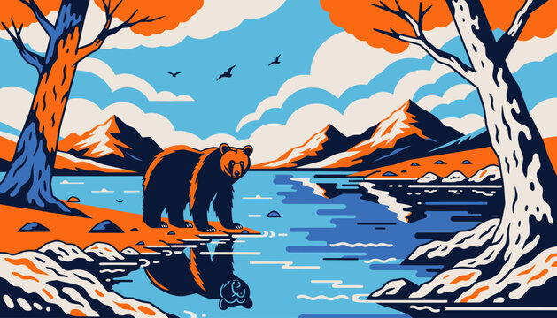 bear standing by river with mountains in background