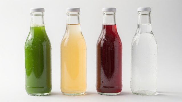 Colorful Bottles of Fresh Juices in Glass Containers on White Background