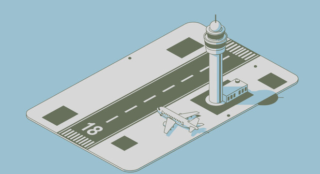 Isometric illustration of airport with control tower and runway.