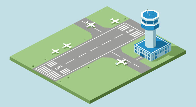 Isometric illustration of a modern airport with runway and control tower.
