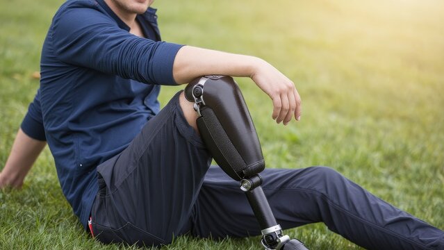 Young man with prosthetic leg sitting outdoors in peaceful setting