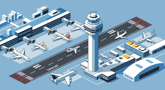 Modern airport terminal with airplanes and ground vehicles in isometric view.