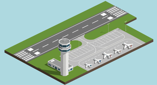 Isometric illustration of a busy airport with planes and control tower.