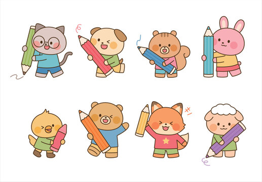 Cute animal characters holding colorful giant pencils, perfect for school, education, drawing and creative learning themes.