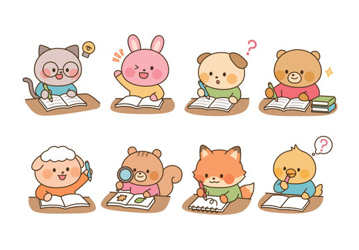 Cute animal students studying, writing and drawing in notebooks with pencils, books and playful learning expressions.