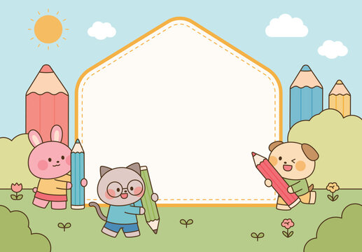 Cute animal characters holding giant pencils around a blank frame in a colorful outdoor school-themed illustration.
