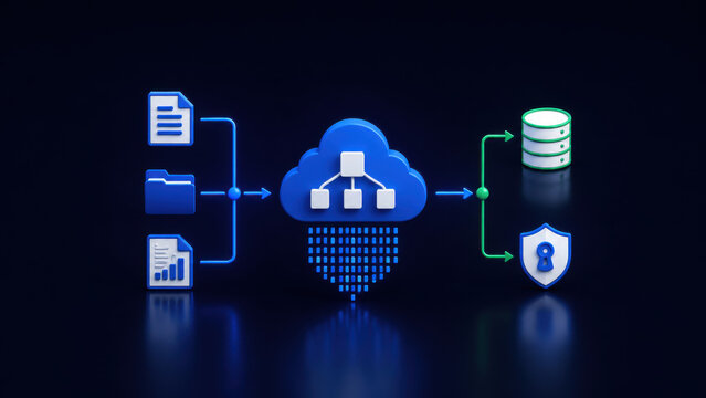 Secure cloud computing architecture handling data processing and storage. 3D cloud network routing digital documents to encrypted server database.