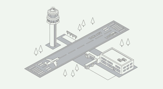 Isometric illustration of a modern airport with planes and terminal.