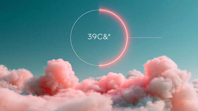 A digital graphic shows a high temperature reading against a soft pink cloud backdrop. This represents extreme heat and environmental climate change concepts.
