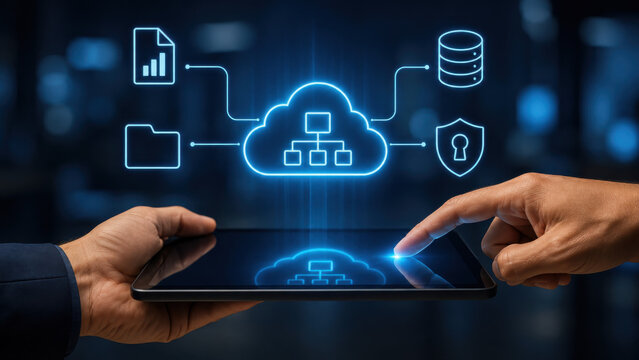 Mobile cloud computing management on digital tablet interface showing secure data network and database synchronization.