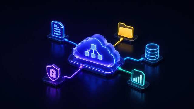 Neon cloud computing network connecting data storage and security services. Glowing digital infrastructure ecosystem for information management and analytics.