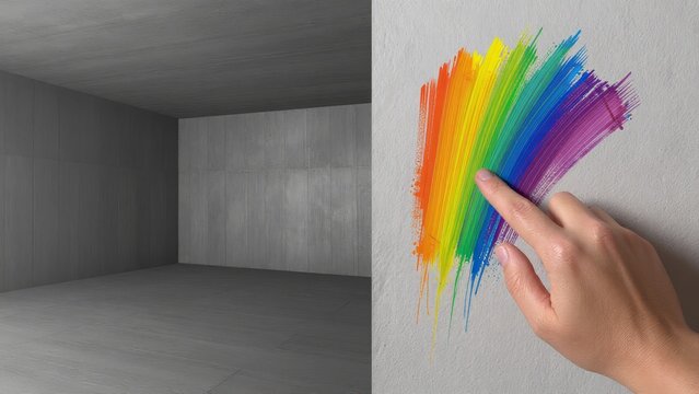Colorful Rainbow Brush Stroke on Gray Wall in Minimalist Room