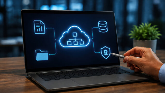IT consultant demonstrating cloud computing infrastructure and data security network on laptop screen in modern office.