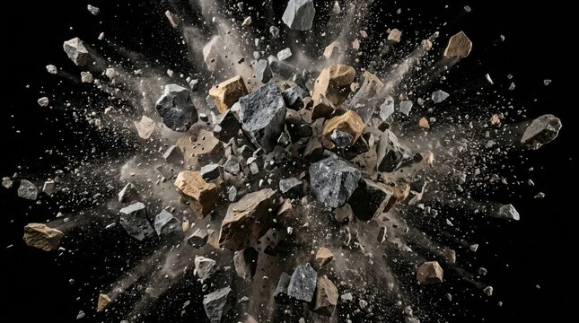 Dynamic explosion of rocks and debris isolated on black background.