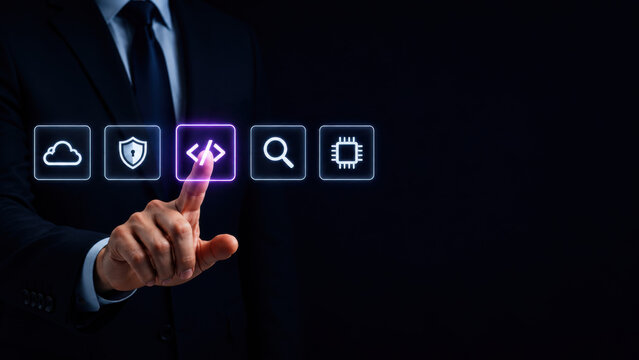Executive selecting software development programming interface on virtual dashboard. Business leader managing cloud computing and cybersecurity technology infrastructure.