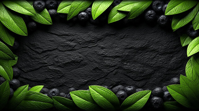 Fresh blueberries and green leaves framing a dark textured background with fruit border
