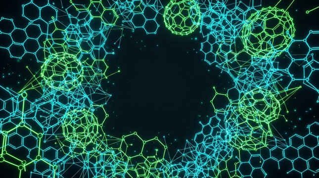 Futuristic Dark Nanotechnology Background with Glowing Neon Molecular Lattice and Copy Space