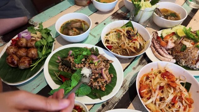 Traditional Thai Street Food Feast with Papaya Salad and Larb Moo