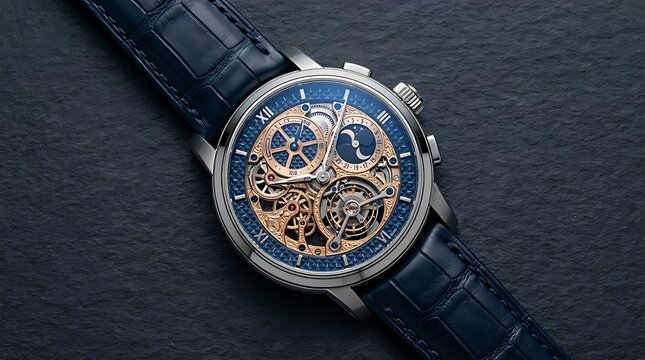 Luxury Mechanical Watch with Skeleton Dial and Blue Leather Strap on Textured Surface