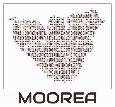 Moorea digital style map. Small square dots on white background. Dotted shape of the island. Moorea map and title. Creative vector illustration.