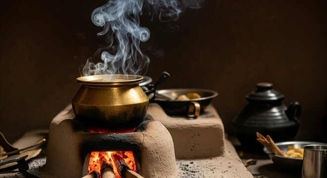 Traditional brass pot cooking on a clay stove with rising steam and burning firewood