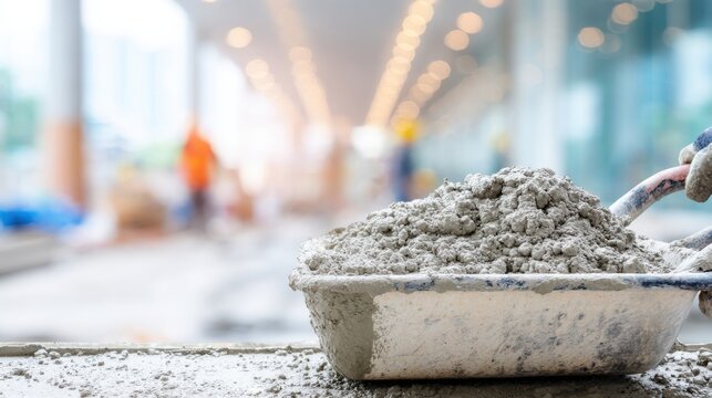 Pile of fresh cement mixture in a wheelbarrow at a construction site