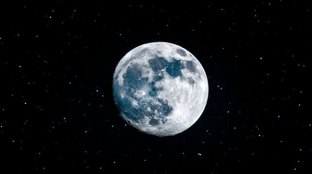 Full moon shining brightly in the dark night sky filled with distant stars