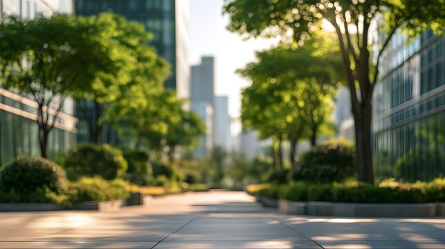 Green tree lined urban street with modern buildings and landscaped sidewalks, sustainable city concept for walkable neighborhoods, clean environment, urban planning and eco friendly development