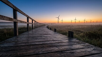 Obraz premium Wooden boardwalk extends toward wind turbines at sunset over marshland