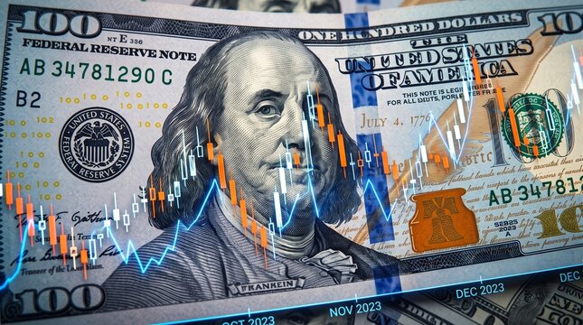 Currency banknotes overlaid with candlestick chart and financial data graphics