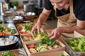Obraz premium Woman prepares fresh meals in a bustling kitchen. Her focused expression shows care and attention. She arranges greens and vegetables with gentle hands. Food is neatly placed in cardboard containers