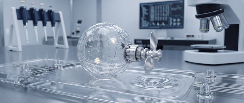 Experimental micro propeller vessel floating in water channel inside laboratory setting designed for microrobotics and drug delivery research