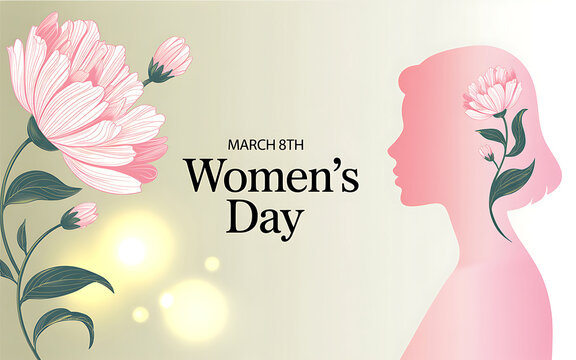 Womens day greeting card design with pink flower silhouette and female profile illustration