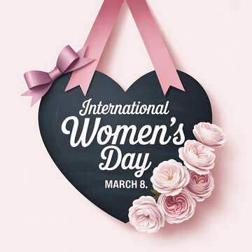 International women day heart shaped blackboard sign decorated with pink roses and ribbon